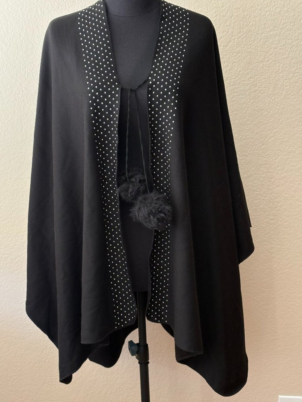 Marc New York Black Silver Studded Cape Poncho Pom Pom One Size